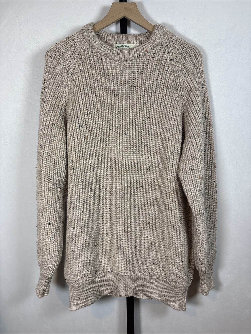 Aran Crafts Wool Crewneck Sweater Mens XL Beige Flecked Irish Chunky Rib Knit